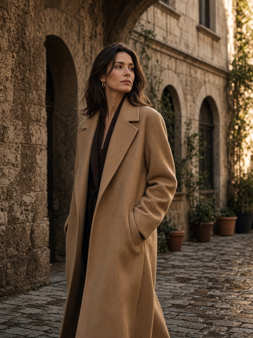 Wool coat, courtyard